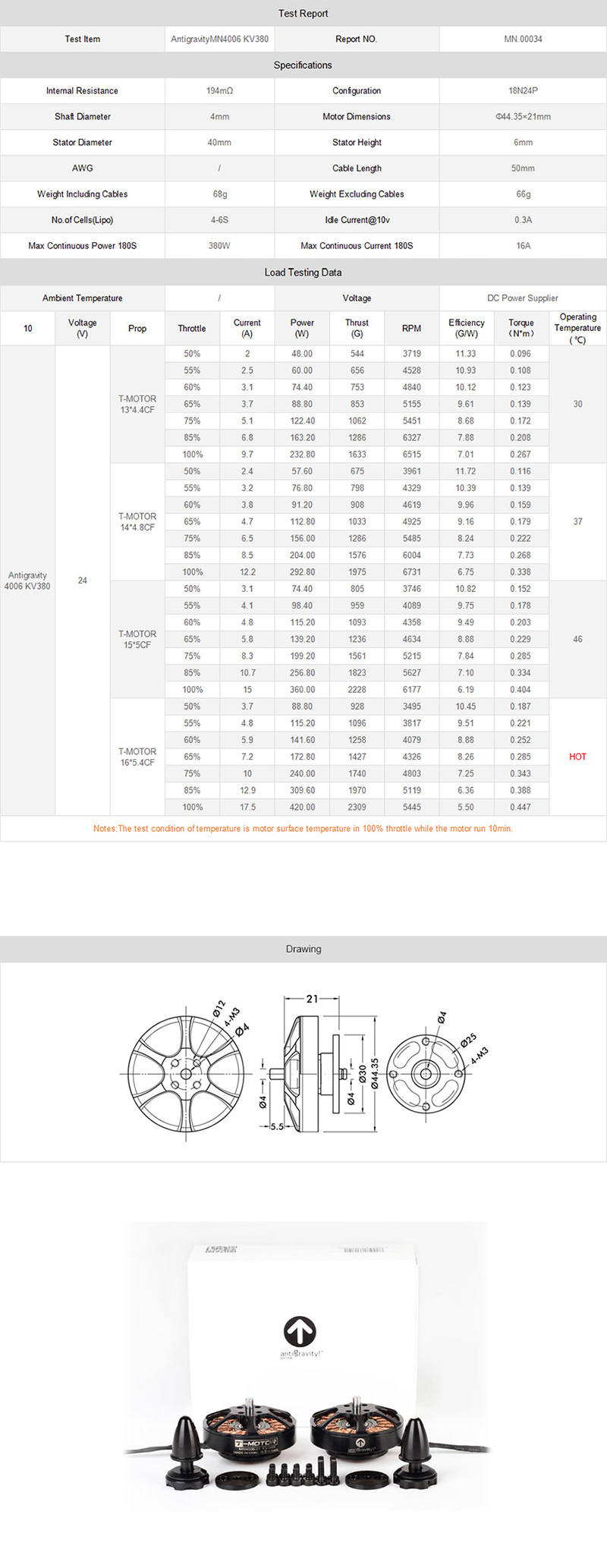 [ܼ] P00000CC [T-MOTOR] Ƽ 4006 380KV Antigravity 귯  2 Ʈ