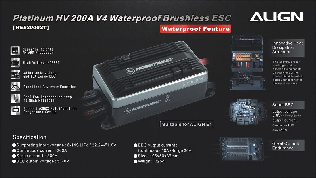 �˾���ũ HES20002 [ALIGN] RCE-BL200A Waterproof BL ESC (for E1 Heli) - BEC ���� 1