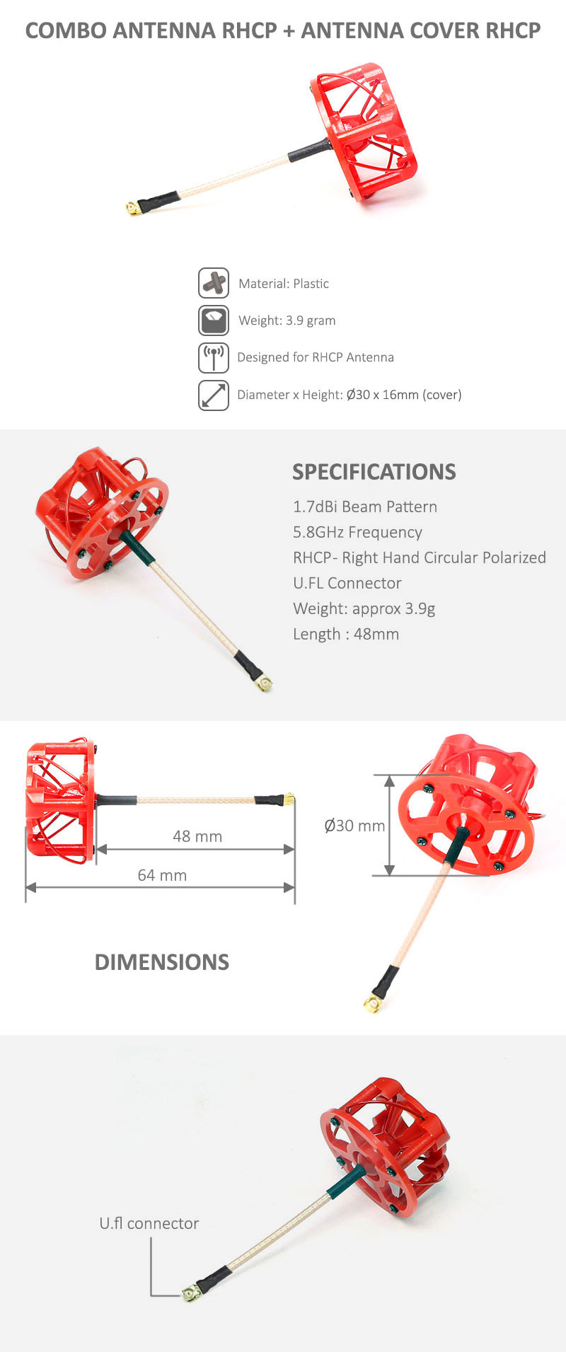 [˾ũ] FPV-RHCP48-RED [FuriousFPV] RHCP 48mm Stubby Antenna with Cover - Red, U.FL  1