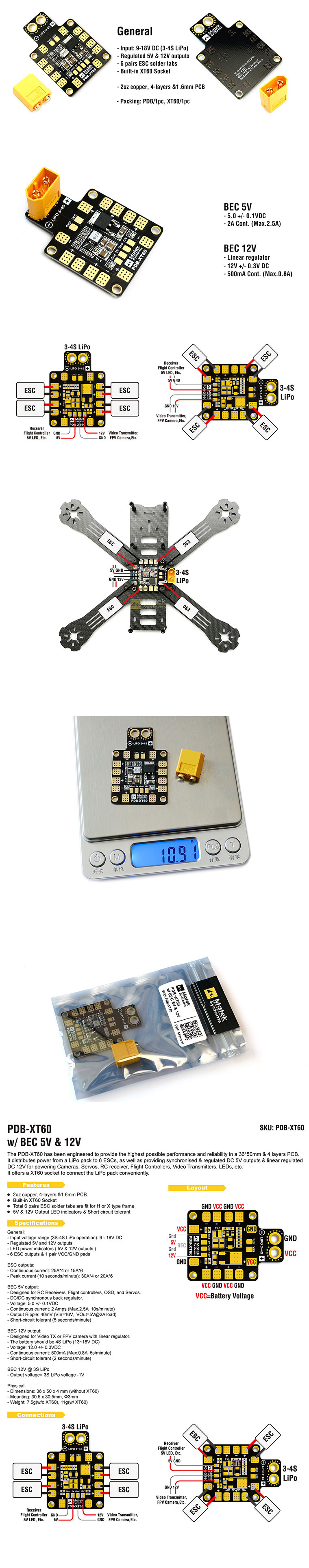 �˾���ũ PDB-XT60 [Matek] ���̽� ��п� ��� BEC ���� �й� ���� + XT60 ���� (5V, 12V BEC) 2