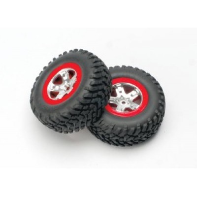 [�˾���ũ] AX5873A [Traxxas] AX5873A Tires & wheels assembled glued (SCT satin chrome red-beadlock style wheels SCT off-road tires foam inserts) (2) (4WD front/rear 2WD rear only)
