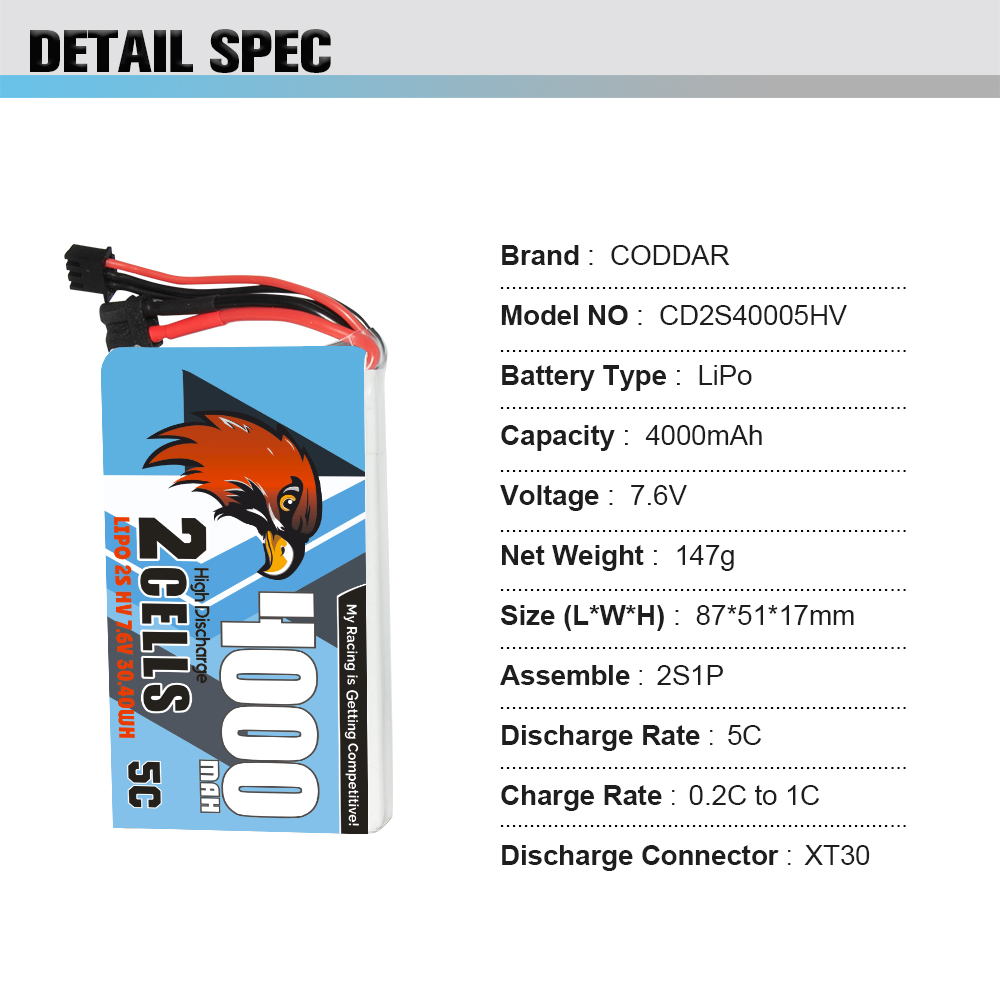 [�˾���ũ] CD2S40005HV [CODDAR] 7.6V 4000mAh 5C ������� ��Ƭ ������ ���͸� (Frsky QX7 ������ ��� ����) 3