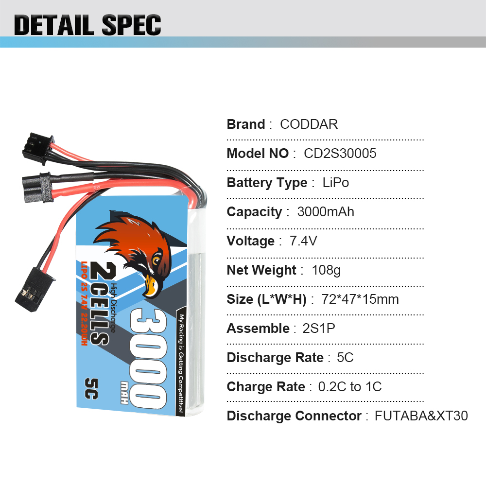 [�˾���ũ] CD2S30005 [CODDAR] 7.4V 3000mAh 5C ������� ��Ƭ ������ ���͸� (Futaba T16IZ ������ ��� ����) 2