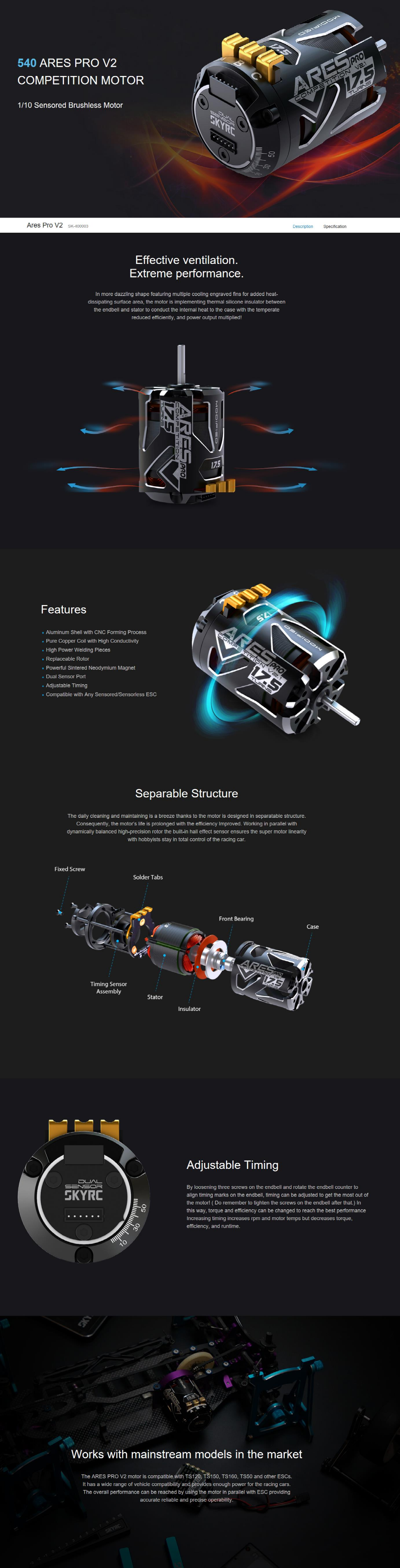 [�˾���ũ] SK-400003-56 [SKY RC] SK-400003-56 - V2.1 ARES PRO SPEC Brushless Motor 6.5T (IFMAR, ROAR Spec, Dual Sensor) 1