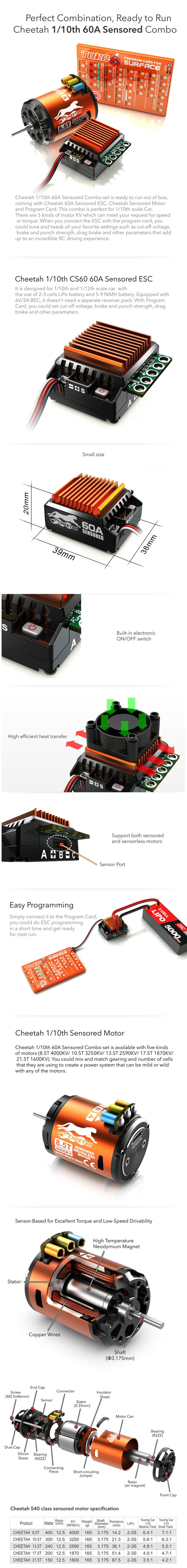 [�˾���ũ] SK-300058-04 [SKY RC] - Cheetah 1/10 60A Sensored Combo 1870KV/17.5T (������ 1:10 �޺���, ���ڽ���ġ, ������ Ÿ��) 2